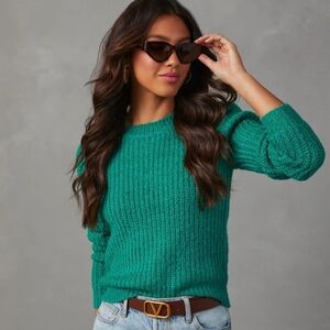 Vici Green Crew Neck Sweater with Chunky Ribbed Knit, Large